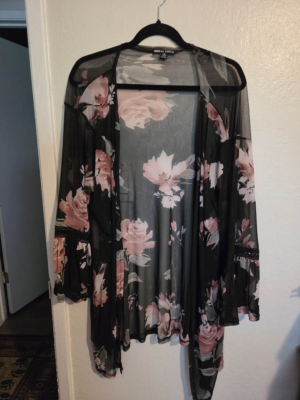 Moral Fiber Black Sheer Kimono with Pink Floral Print